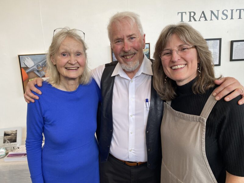 Poets Ellery Ackers, Lee Rossi, and Francesca Bell at Usher Gallery. Photo by Kary Hess.