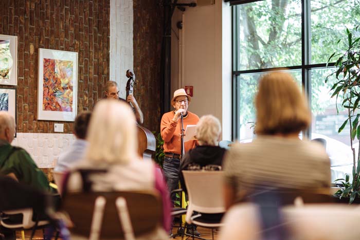 Jonah Raskin is accompanied on bass by Steve Shain at Keller CoWork. Photo by Michael Woolsey.